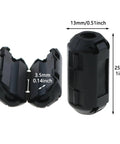 12-Pack 3.5mm Degaussing Filters Anti Jammer Noise Filters For Home Appliances And Electronics EMI RFI Suppression To Improve Audio And Video Clarity Dual Clip Locking Housings, open and closed view with dimensions
