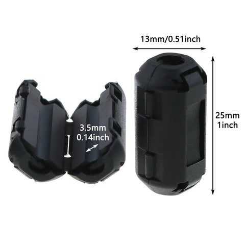 12-Pack 3.5mm Degaussing Filters Anti Jammer Noise Filters For Home Appliances And Electronics EMI RFI Suppression To Improve Audio And Video Clarity Dual Clip Locking Housings, open and closed view with dimensions
