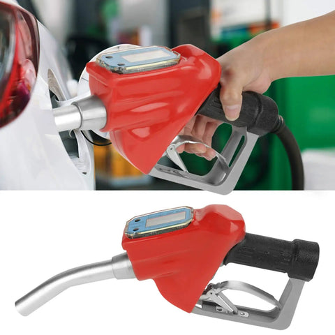 Digital Gasoline Nozzle Flow Meter For Precise Fuel Transfer At Gas Stations And Factories Accurate Measurement With Four Units Liters Gallons Pints Quarts Easy Gun Style Oil Pump Gauge For Quick Readouts, red nozzle