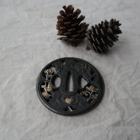 Black Alloy Tsuba Koshirae Accessory With Lotus Pattern For Katana Wakizashi Or Tanto New Condition 78mm By 76mm Guard