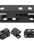 Close-up of black zinc alloy tough as nails barrel style gate hinges with integrated lock mechanism, detachable design