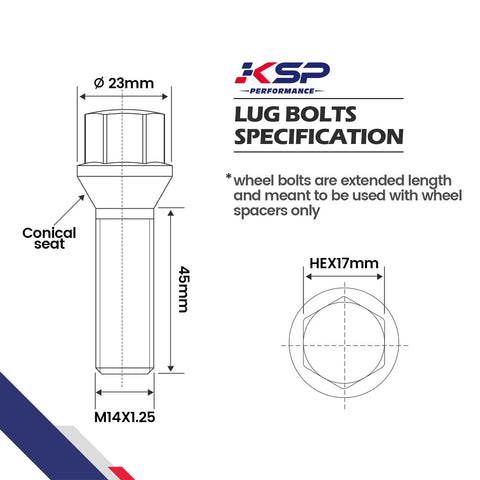 Kickass M14x1.25 Lug Bolts For BMW And Mini Whips Featuring Conical Seat 45Mm Shank 17Mm Hex Black Dacromet Finish specifications