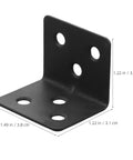 Close-up of a black metal corner bracket with dimensions, part of 12 Pack L Shaped Corner Brackets With Screws For Shelves And Cabinets 90 Degree Right Angle Shelf Braces Built Beefy From Cold Rolled Steel With 6 Slot Holes Fits MDF And Wood Ideal For Home Office Organization.