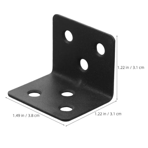 Heavy Duty L Shaped Corner Braces 12 Pack With Six Slot Holes Cold Rolled Steel Furniture Brackets close-up, black finish, measurements