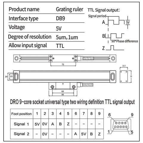 Machine Shop Ready DRO Display For Milling And Lathe Machines, Optical Linear Scale Encoder 5um Resolution, 2 Axis Or 3 Axis Readout, 170mm Travel, High Precision Digital Readout For Metalworking wiring diagram with DB9 TTL output and dimensions