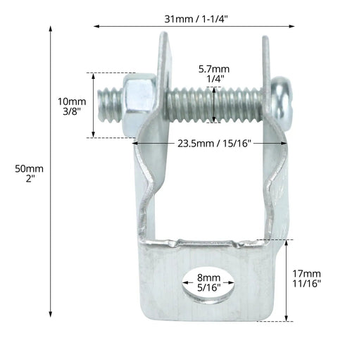 Heavy Duty Half Inch Conduit Hanger With Bolt Pack Of 50 Zinc Plated Steel Insulated Supports For EMTD And Rigid Conduits, close-up view with dimensions.