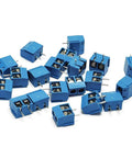 Blue 60 Pieces 5mm Pitch 2 Pin And 3 Pin PCB Mount Screw Terminal Block Connectors for Arduino scattered on a white background.