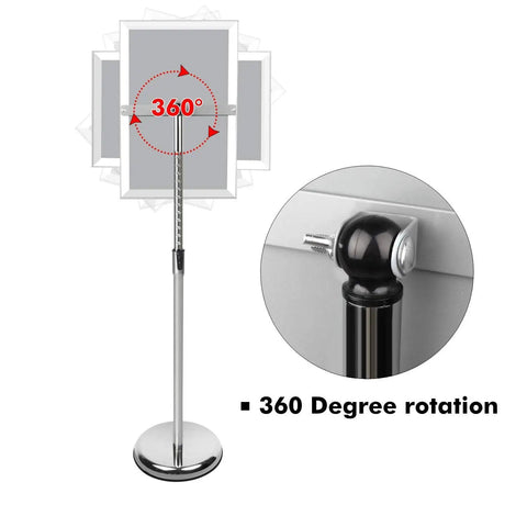 Adjustable Pedestal Poster Sign Stand For 8.5 x 11 Posters, Floor Standing Display With 360 degree rotation feature shown