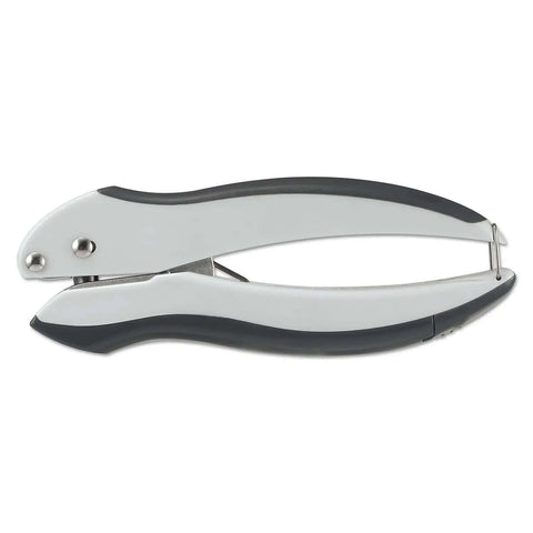 EZ Squeeze One Hole Paper Punch For 10 Sheets With No Jam Tech, ultra lightweight tool with ergonomic grip and handle lock in gray blue