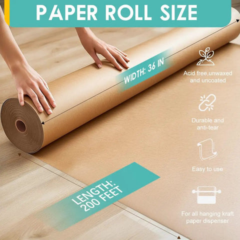 Person rolling out Brown Kraft Paper Roll 36 Inch Wide By 200 Feet Long 70Gsm 50Lb Unwaxed Uncoated Kraft Sheet for DIY Crafting