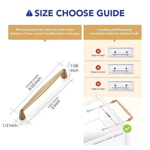 Size guide for 10 Pack Champagne Bronze 5 Inch Kitchen Cabinet Handles Made From Solid Zinc Alloy Durable Cabinet Pulls
