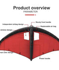 Diagram of Inflatable Surf Wing showing features like power handle, window design, and sturdy front handle, Rad Red color