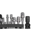 Get Ready For Heavy Duty Jobs With This 11Pcs Socket Adapter Hex Shank Square Head Kit Featuring Chrome Vanadium Steel Self Locking Design To Keep Your Air Screwdriver And Electric Drill Bits Secure No Slipping Or Dropping During Tough Fastening Tasks. 11-piece chrome vanadium socket adapter set on holder