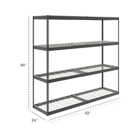 Boss Level Steel Garage Shelving Rack Featuring Four Adjustable Shelves Crushing Five Hundred Pounds Each Rugged Hammered Finish And Heavy Duty L Channel Beams Built Tough For Serious Storage Without The Hassle