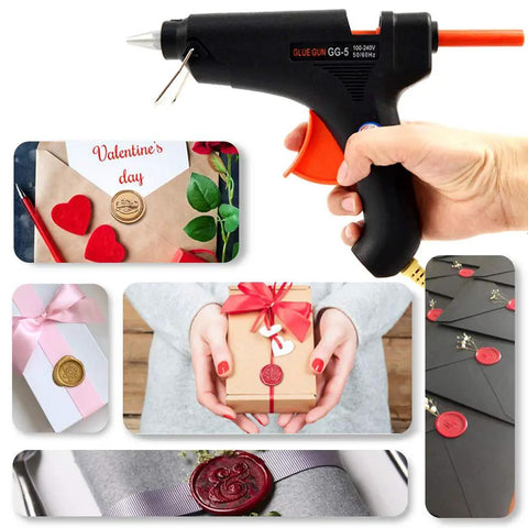 Wax Sealing Glue Gun For 0.4 Inch Sticks, Quick Heat And Smokeless Melt shown with sealed envelopes and packages.