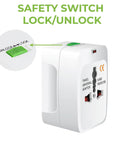 All In One Worldwide Travel Power Adapter Durable One Piece Design Works In 150 Countries Includes US UK EU CN AU NZ Outlets Charges Multiple Devices On The Go, white universal travel adaptor with safety lock switch