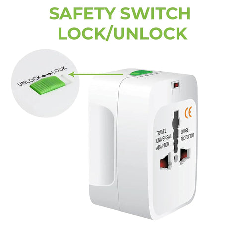Worldwide Travel Power Adapter All In One Universal Wall Converter For 150 Countries Works With US UK EU AU NZ Outlets Durable One Piece Design Charges Multiple Devices Safely On The Go, white adapter with safety switch