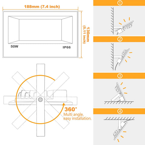 Diagram showing dimensions and adjustable angles of Dope Outdoor LED Flood Light 500W Equivalent RGBW Color Changing Lighting