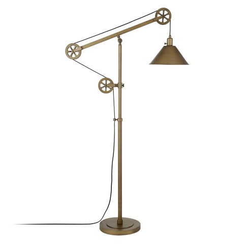 Pulley System Floor Lamp With Ribbed Glass Shade In Blackened Bronze And Clear, Adjustable 70 Inch Tall Lighting displayed side view