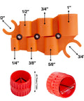 Front view of orange pipe deburring tool with multiple size heads; range 1/8 to 1-5/8 in.