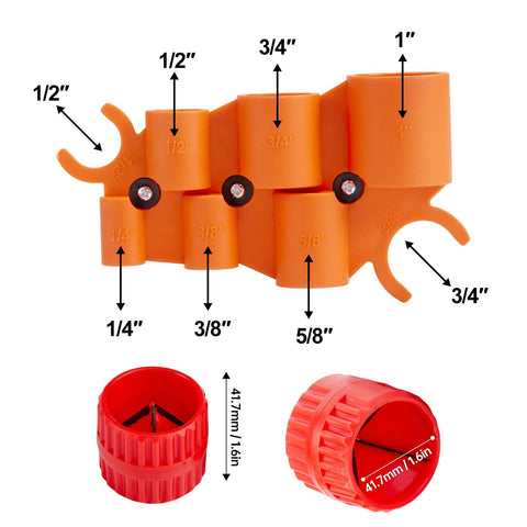 Front view of orange pipe deburring tool with multiple size heads; range 1/8 to 1-5/8 in.