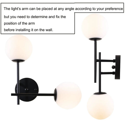 Two Light Modern Matte Black Vanity Lights With White Globe Glass Shades Industrial Farmhouse Wall Lamp for versatile wall angles.