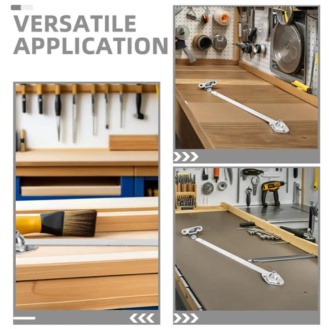 Heavy Duty Lid Stay Hinges Twin Pack With Soft Down And Slow Open Door Action shown on workbench for cabinets and cupboards