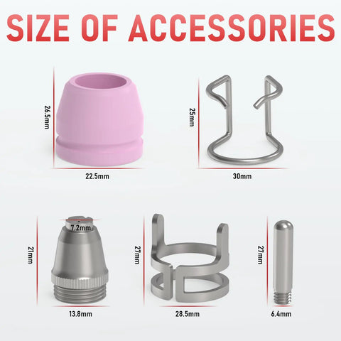 Plasma Cutter Torch Consumables Kit 24 Pcs.045 Inch Nozzles And Tips For SG-55 AG-60 WSD-60 showing accessory sizes.