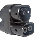 Heavy Duty Ccs1 To Ccs2 Fast Charge Adapter Backed By Dc And Ac Power For Type One To Type Two Ev Converters Rated At Two Hundred Fifty Amps close-up showing the black charging plug design.