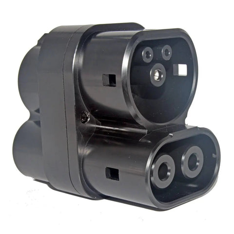 Heavy Duty Ccs1 To Ccs2 Fast Charge Adapter Backed By Dc And Ac Power For Type One To Type Two Ev Converters Rated At Two Hundred Fifty Amps close-up showing the black charging plug design.