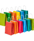 Small Kraft Gift Bags With Handles Set Of 32 In Rainbow Colors Five Point Eight By Three Point Two By Eight Point Two Five Inches Eco Friendly Party Favor Bags For Kids Birthday Baby Shower Weddings Crafts And Party Supplies, showing assorted colors in a cluster.