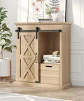 Wooden cabinet with 2.5 Foot Sliding Barn Door Hardware Kit For Single Cabinets And Small Closets With J Shape Hanger Track System And 2 Floor Guides