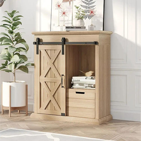 Wooden cabinet with 2.5 Foot Sliding Barn Door Hardware Kit For Single Cabinets And Small Closets With J Shape Hanger Track System And 2 Floor Guides