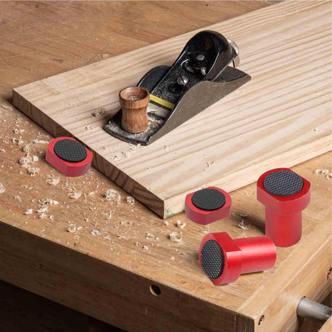 Six Pack Clamp Set For 3/4 Inch 19mm Workbench Holes With Non Slip Pads And Durable Aluminum Alloy MFT Stops on wooden board