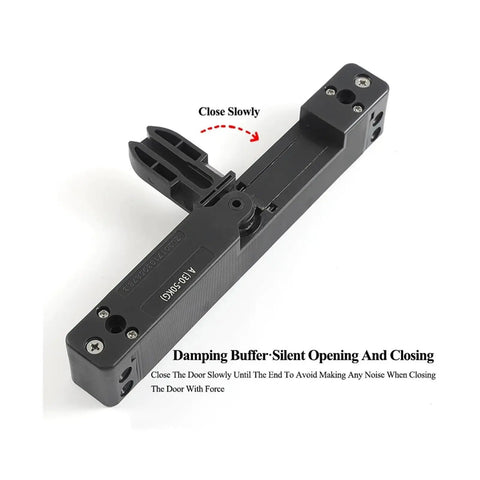 Soft Shut Hydraulic Door Closer With Quiet Glide and Invisible Mounting close-up showing damping buffer and "Close Slowly" guide.