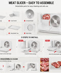 Foldable Electric Meat Slicer For Home With 6.7 Inches Removable Stainless Steel Blade And Tray showing detachable parts and assembly steps.