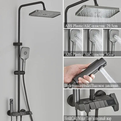RIBEUJIZS Digital Shower System, White Digital Display Shower System Set LCD Hot and Cold Bathroom Faucet 4 Way Rainfall Tap Mixer，No Digital Grey-1，No Digital Grey-1 with ABS plastic overhead and handheld showers.