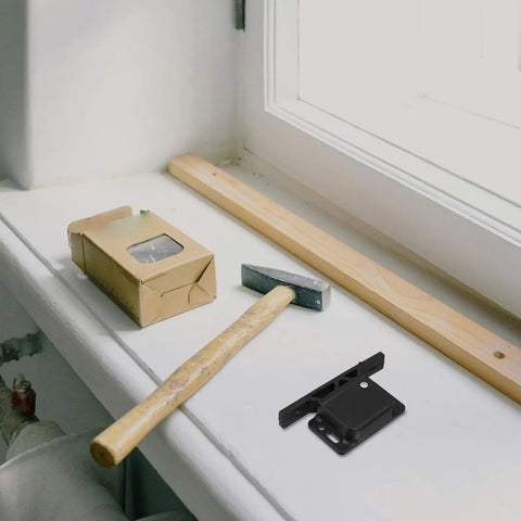 RV Cabinet Door Latch Set With Spring Hook Lock Design on windowsill with hammer, cardboard box, and wood strip, includes screws and adhesive