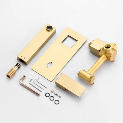 Brushed Gold Wall Mount Bathroom Faucet With Single Handle Vessel Sink Faucet Includes Brass Rough In Valve flat lay components