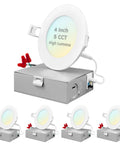 Ultra Thin 4 Inch Recessed LED Downlight With J Box 12W Five Color Temperature Options From 2700K To 5000K 950 Lumens Dimmable Wet Rated IC Rated Energy Star 4 Pack, angle view of lights and J-Box