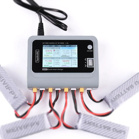 Four Port RC Battery Charger With 4X50W Output For LiPo 1 To 4S, AC DC Smart Balance Charger, with cables in use
