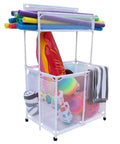 Weather Resistant Pool Storage Organizer Bin With Mesh Rolling Double Deck Rack Noodle Holder for noodles, toys, and floats