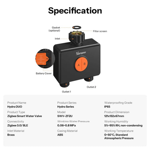 Hydro Duo Zigbee Sprinkler Timer With 2 Zones For Yard, Brass Inlet, IP65 Weather Adaptive, Type C Power And 4 AA Batteries, Flow Meter, Weatherproof Irrigation Controller, Requires Zigbee Hub, Compatible With Home Assistant. diagram of 2-zone Zigbee smart water valve with brass inlet, battery cover, outlets