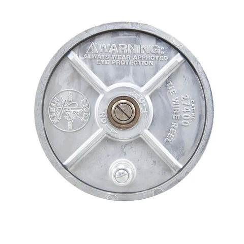 Tie Wire Reel for 12 to 18 Gauge Wire, Lightweight Aluminum Construction, Made in USA, circular top view showing detail.