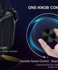 Close-up on control knob and battery indicator of Rechargeable Outdoor High Velocity Camping Floor Fan 16 Inch Portable Battery Powered Fan