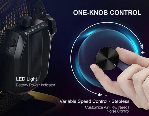Close-up on control knob and battery indicator of Rechargeable Outdoor High Velocity Camping Floor Fan 16 Inch Portable Battery Powered Fan