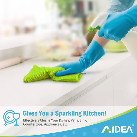 Grime Busting Ultra Soft 50 Pack Microfiber Cloths cleaning kitchen counter with gloves
