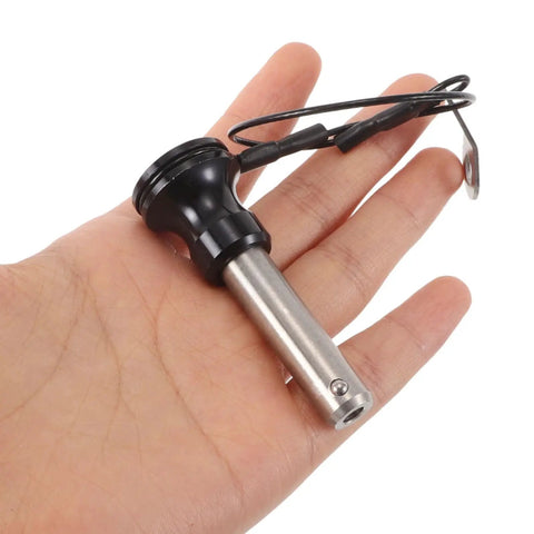 Heavy Duty Stainless Steel Quick Release Push Button Ball Locking Pin 10mm By 30mm For Audio Speaker Mounting Industrial Fastener With Easy Grab Handle held in hand