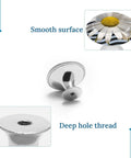 Fresh Daisy Flower Stainless Steel Drawer Knobs Set of 2 1.1 Inch Round Cabinet Handles showcasing smooth surface and deep hole thread.
