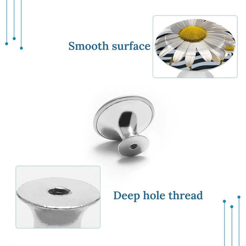 Fresh Daisy Flower Stainless Steel Drawer Knobs Set of 2 1.1 Inch Round Cabinet Handles showcasing smooth surface and deep hole thread.
